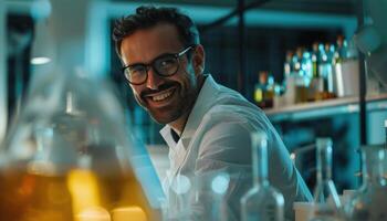 ai generato sorridente scienziato Lavorando nel laboratorio foto