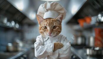 ai generato capocuoco gatto nel professionale cucina foto