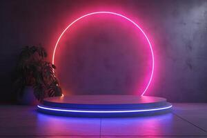 ai generato un' minimalista podio caratterizzato di suo neon splendore foto