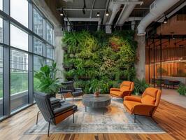 ai generato un' moderno co-working spazio con biofilo design elementi, Compreso vivente pianta muri, naturale legna Accenti foto