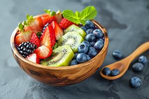 ai generato nutriente acai ciotola frutta pasto. creare ai foto