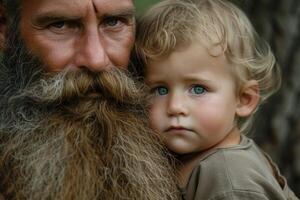 ai generato barbuto uomo con bambino. creare ai foto
