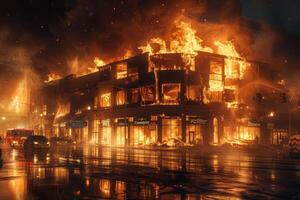 ai generato edificio catturato nel fiamme foto