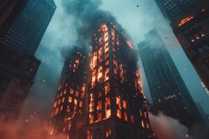 ai generato edificio catturato nel fiamme foto