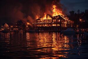 ai generato edificio catturato nel fiamme foto