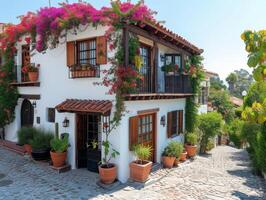 ai generato un' affascinante mediterraneo residenza annidato lungo un' ciottolo strada foto