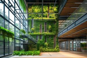 ai generato un eco ufficio edificio con verde certificazioni foto