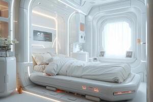 ai generato un' futuristico Camera da letto con robotica mobilia foto