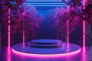 ai generato un' podio con neon alberi quello pulse e bagliore con energia foto