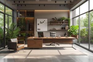 ai generato un' stile minimalista ufficio interno, completare con minimalista banchi, componibile Conservazione unità foto