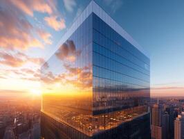 ai generato un' moderno ufficio edificio bagnata nel il d'oro splendore di il d'oro ora foto