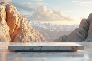 ai generato un' minimalista podio ispirato di il bellezza di un' montagna paesaggio foto
