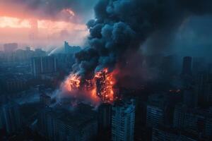 ai generato edificio catturato nel fiamme foto