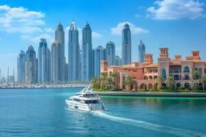 ai generato città orizzonte di dubai a partire dal il tranquillo sponde di palma jumeirah foto