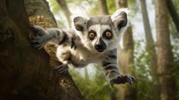ai generato un' bambino lemure sospeso a partire dal un' albero ramo. generativo ai foto