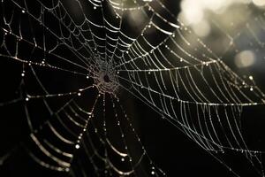 ai generato delicato equilibrio di leggero e ombra su un' di ragno ragnatela. generativo ai foto