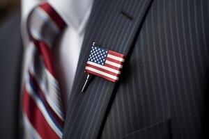 ai generato un' vicino su di un americano bandiera perno su un' risvolto durante un' patriota giorno raccolta. generativo ai foto