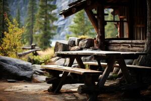 ai generato un' rustico picnic tavolo nel un' montagna cabina. generativo ai foto