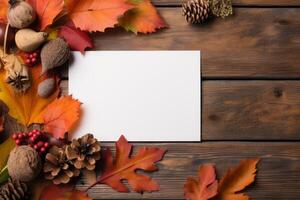 ai generato autunno a tema modello di un' vuoto saluto carta con le foglie e rustico elementi. generativo ai foto