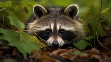 ai generato un' procione nascondiglio nel il le foglie di un' albero. generativo ai foto