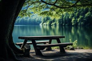 ai generato un' picnic tavolo di un' sereno lago. generativo ai foto