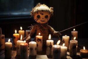 ai generato vudù Bambola circondato di tremolante candele. Halloween concetto sfondo. generativo ai foto