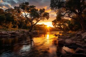 ai generato il serenità di un' fiume a d'oro ora. generativo ai foto