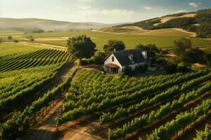 ai generato aereo tiro di un' pittoresco vigneto con un' affascinante agriturismo. generativo ai foto