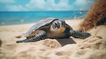 ai generato un' tartaruga è posa nel il sabbia su il spiaggia. generativo ai foto