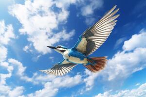 ai generato aerotrasportato uccello incorniciato di un' brillante blu cielo. generativo ai foto