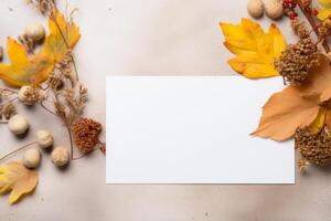 ai generato autunno a tema modello di un' vuoto saluto carta con le foglie e rustico elementi. generativo ai foto