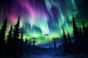 ai generato un' celeste aurora Borealis danza nel occhiali da sole di verde e Viola. generativo ai foto