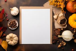 ai generato modello di un' autunno ricetta carta con ingredienti, utensili, e di stagione arredamento. generativo ai foto