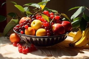 ai generato un' avvicinamento di un' colorato pomeriggio frutta ciotola. generativo ai foto