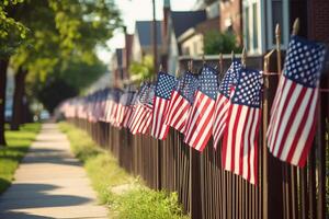 ai generato americano bandiere drappeggiato al di sopra di recinzioni nel un' Quartiere per onore patriota giorno. generativo ai foto