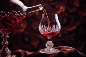 ai generato cristallo caraffa scrosciante un' bene rosso vino in un' bicchiere. generativo ai foto