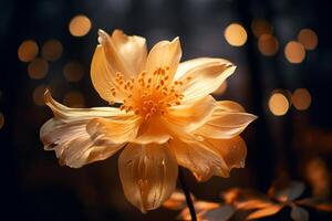 ai generato un' avvicinamento di un' fiore illuminato di d'oro luce. generativo ai foto