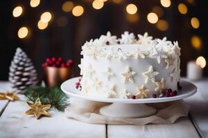 ai generato meravigliosamente decorato bianca smerigliato torta su un' incontaminato bianca piatto. generativo ai foto