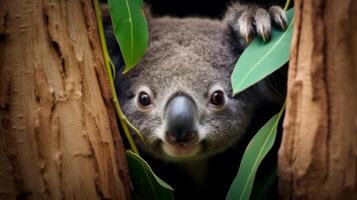 ai generato un' koala è sbirciando su a partire dal dietro a un' albero. generativo ai foto