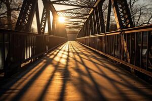 ai generato luce del sole getto lungo ombre su un' ponte. generativo ai foto