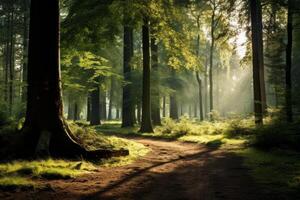 ai generato tranquillo, calmo bosco radura circondato di alto alberi. generativo ai foto