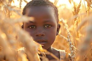 ai generato giovanile africano bambino Grano campo. creare ai foto