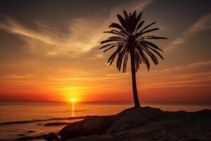 ai generato un' solitario palma albero inquadratura il crescente sole. generativo ai foto