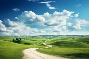 ai generato rotolamento campagna cielo sfondo con un' avvolgimento nazione strada. generativo ai foto