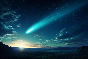 ai generato un' celeste cometa striature attraverso il cielo nel occhiali da sole di turchese. generativo ai foto