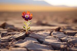 ai generato un' vicino su di un' fiore fioritura nel un' sterile deserto, simboleggiante resilienza e speranza. generativo ai foto