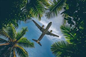 ai generato esotico aereo al di sopra di tropicale palma albero. creare ai foto