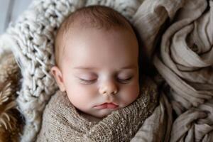 ai generato accogliente bambino avvolto coperta dormire. creare ai foto