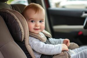 ai generato sicuro bambino seduta nel sicurezza auto posto a sedere. creare ai foto