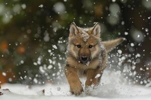 ai generato bambino lupo nel neve natura. creare ai foto